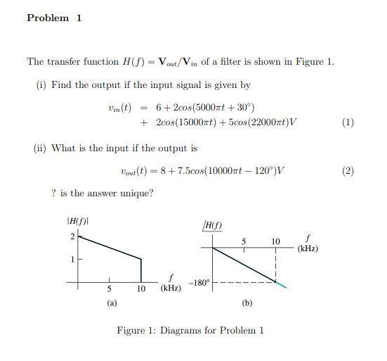 Solved Problem 1 The transfer function H(O) = Vout/Vin of a | Chegg.com