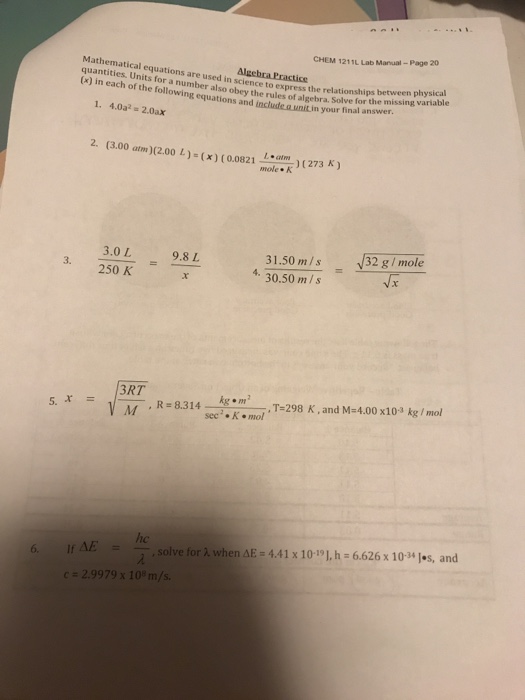 Solved CHEM 1211L Lab Manual-Page 20 Mathematical Equations | Chegg.com