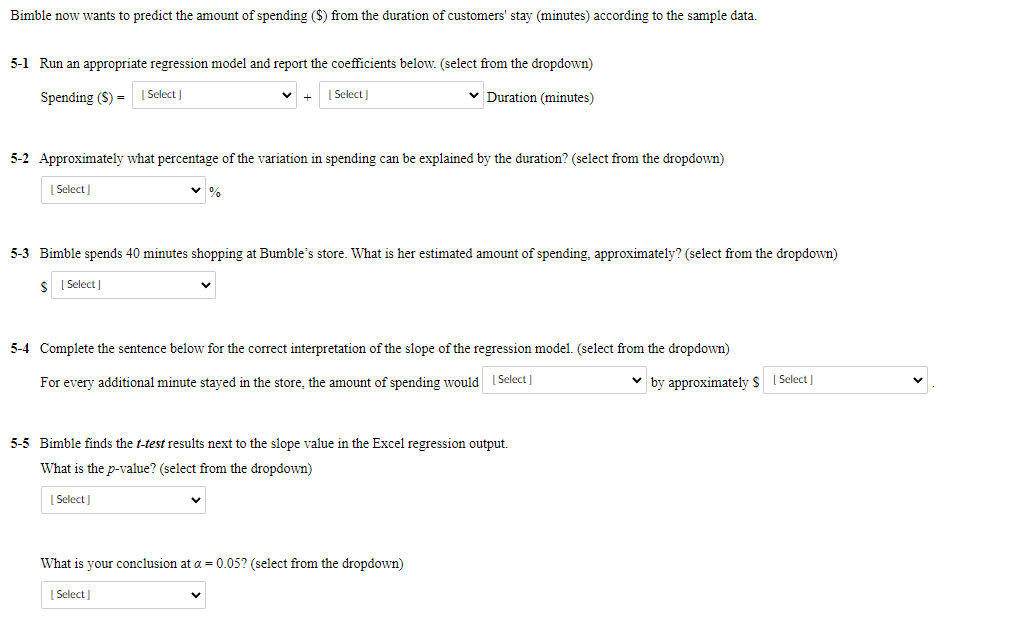 Bimble now wants to predict the amount of spending ( \( \$ \) ) from the duration of customers stay (minutes) according to t