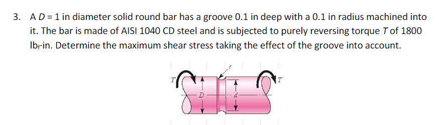 Solved 3. A D = 1 in diameter solid round bar has a groove | Chegg.com