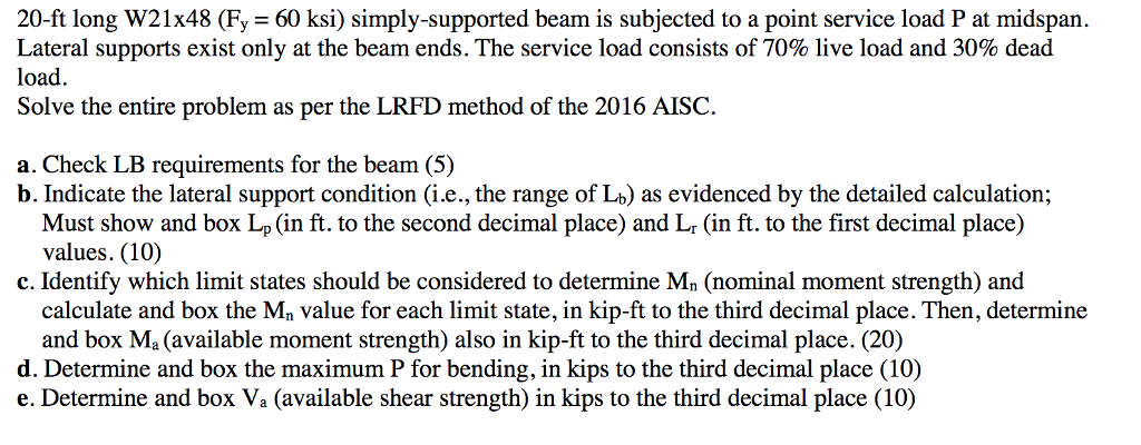 20-ft long W21x48 (Fy = 60 ksi) simply-supported beam | Chegg.com