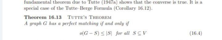 fundamental theorem due to Tutte (1947a) shows that the converse is true. It is a special case of the Tutte-Berge Formula (Co