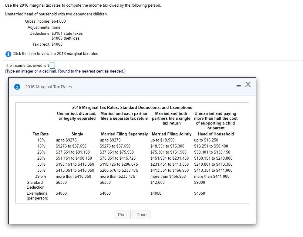 Solved Use the 2016 marginal tax rates to compute the income 