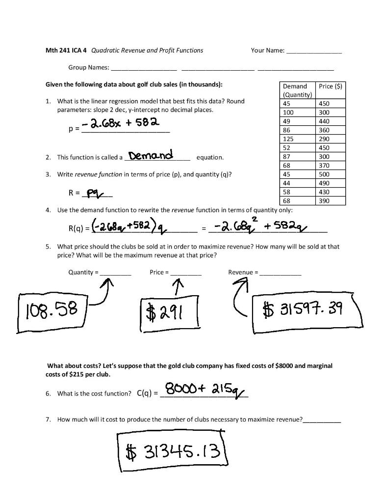 Solved Mth 241 ICA 4 Quadratic Revenue and Profit Functions | Chegg.com