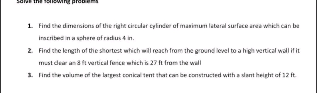 Solved 1. Find the dimensions of the right circular cylinder | Chegg.com