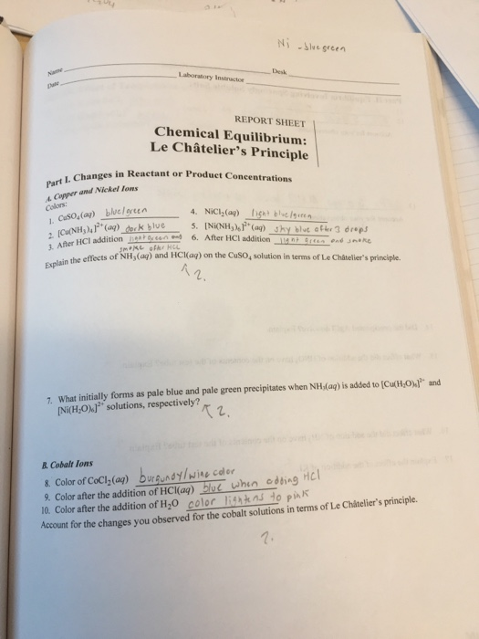 Solved Desk ale REPORT SHEET Chemical Equilibrium Le