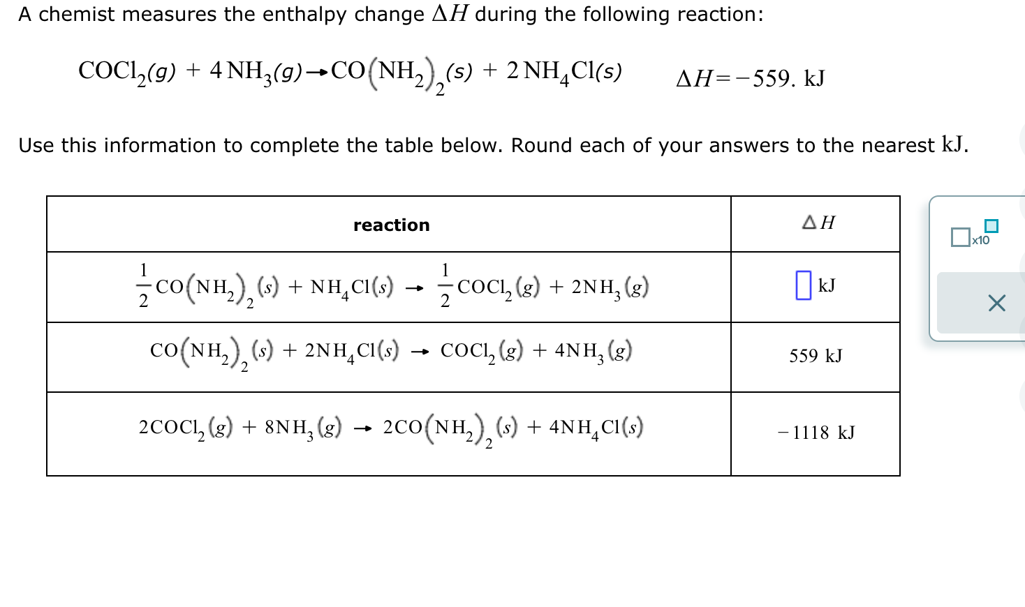 Solved COCl2(g)+4NH3(g)→CO(NH2)2(s)+2NH4Cl(s)ΔH=−559.kJ Use | Chegg.com