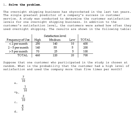 1. Solve the problem.
The overnight shipping business has skyrocketed in the last ten years. The single greatest predictor of