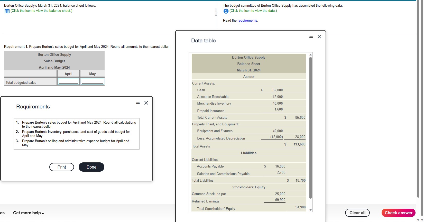 Burton Office Supply's March 31, 2024, balance sheet