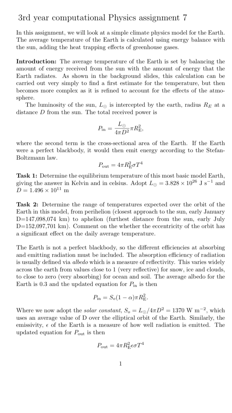 Solved In This Assignment, We Will Look At A Simple Climate | Chegg.com