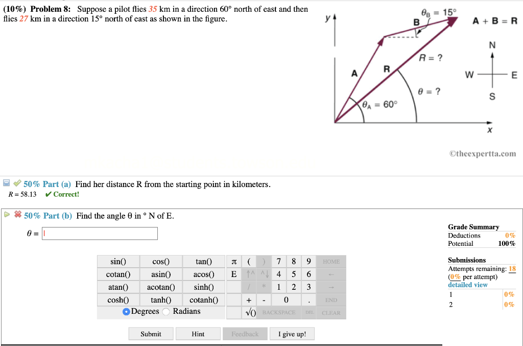 Solved (10%) Problem 8: Suppose A Pilot Flies 35 Km In A | Chegg.com