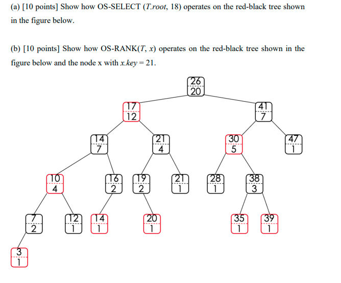 Solved (a) [10 ﻿points] ﻿Show how OS-SELECT (T.root, 18) | Chegg.com