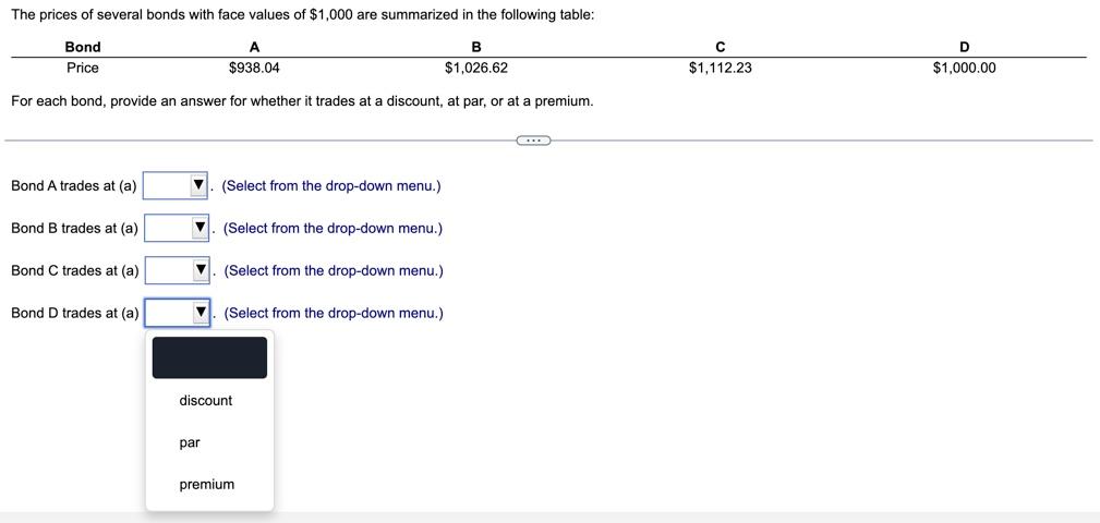 Solved Bond A Trades At (a) (Select From The Drop-down | Chegg.com