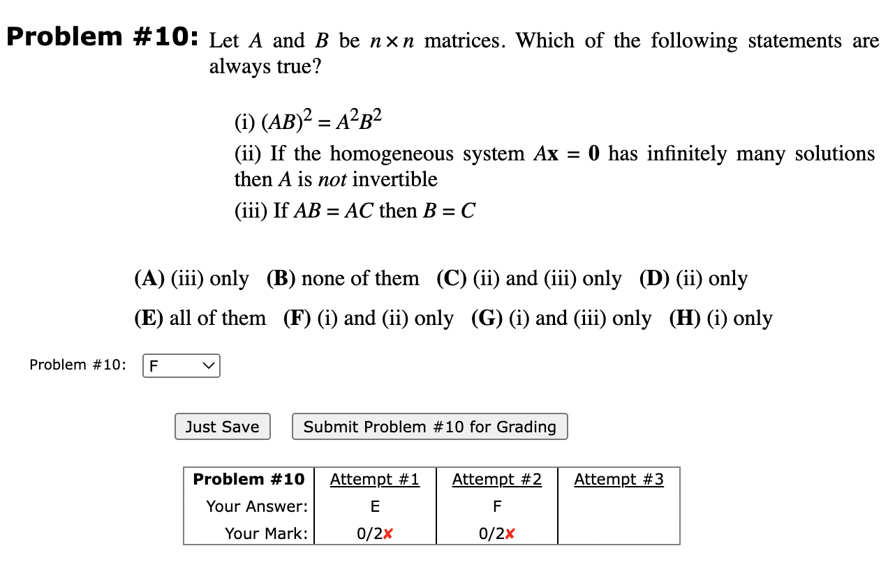 Solved Problem \# 10: Let A And B Be N×n Matrices. Which Of | Chegg.com