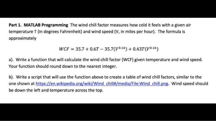 Solved Part 1. MATLAB Programming The Wind Chill Factor | Chegg.com