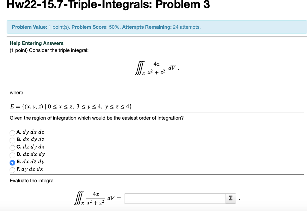 Solved Hw22-15.7-Triple-Integrals: Problem 3 Problem Value: | Chegg.com
