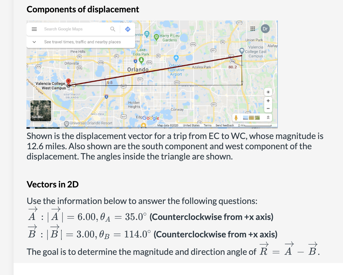 Components of displacement
Shown is the displacement vector for a trip from EC to WC, whose magnitude is \( 12.6 \) miles. Al