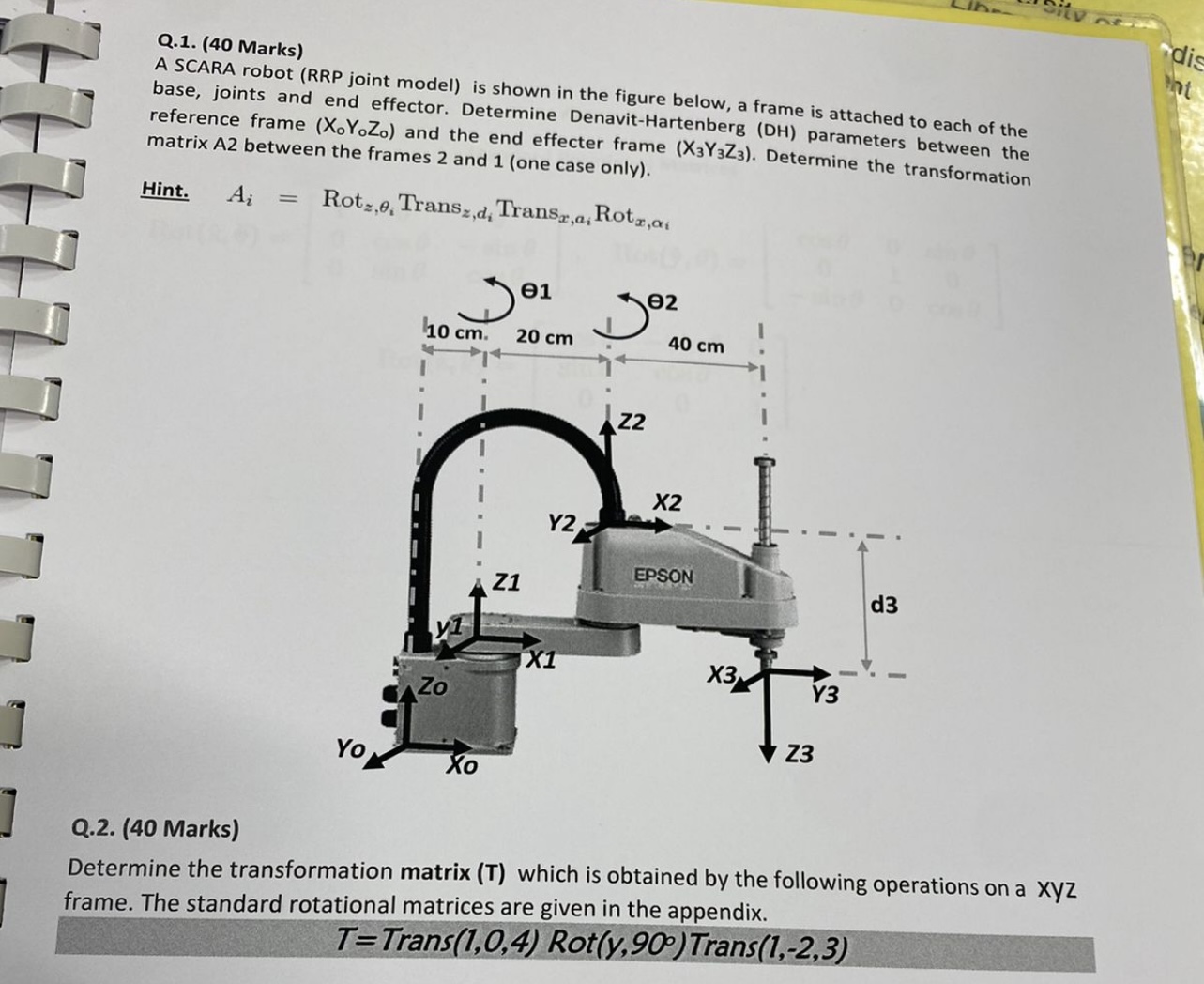 Solved Q.1. (40 Marks) A SCARA robot (RRP joint model) is | Chegg.com