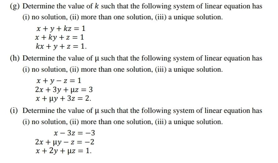 find the value of k for which system of linear equation