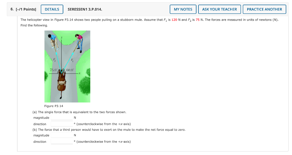 The helicopter view in Figure P3.14 shows two people pulling on a stubborn mule. Assume that \( F_{1} \) is \( 120 \mathrm{~N