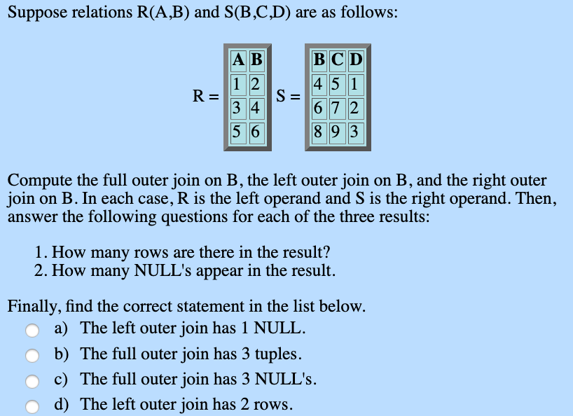 Solved Suppose Relations R(A,B) And S(B,C,D) Are As Follows: | Chegg.com