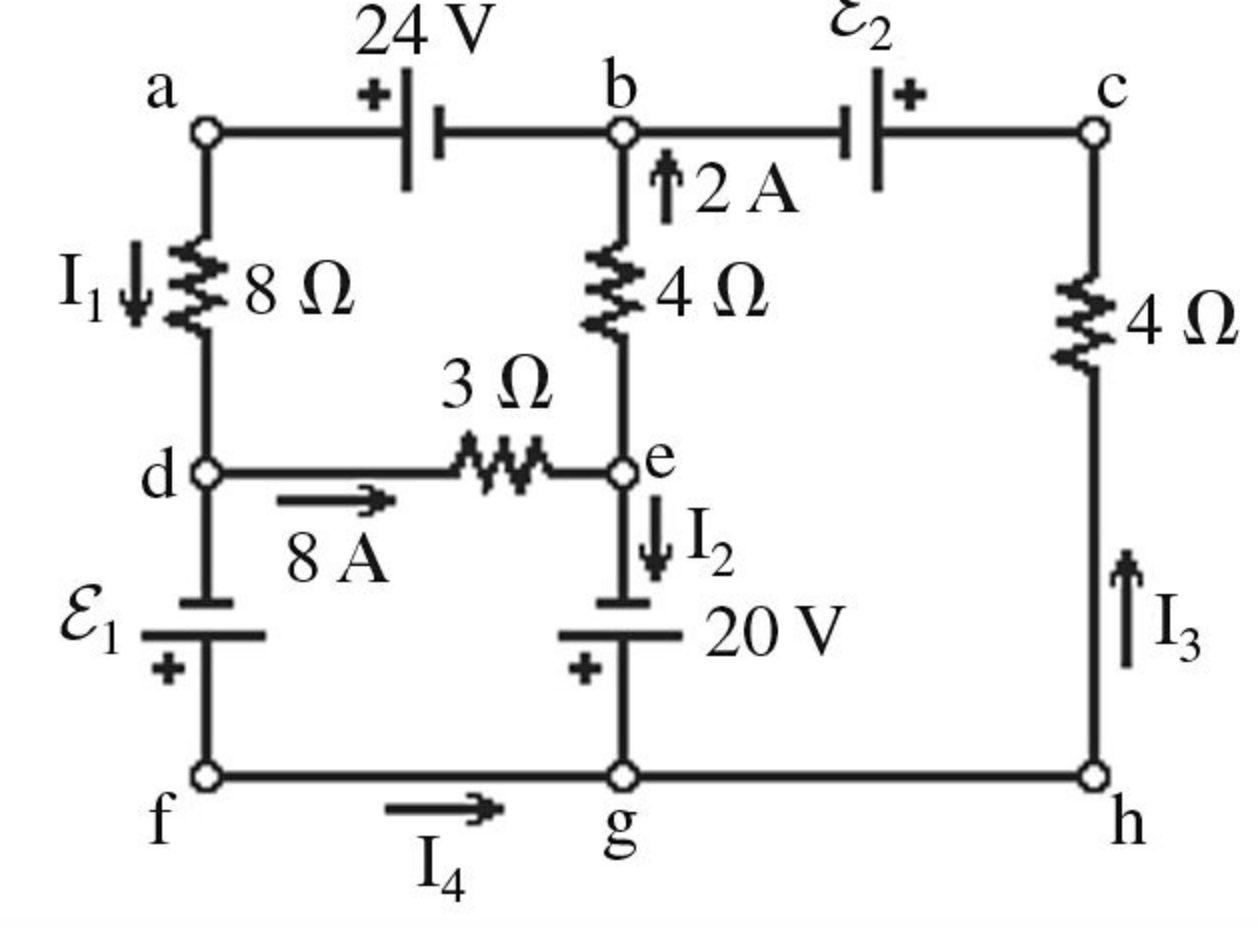 A multi loop circuit is shown below. Find the currents I_1,I_2,I_3,I_4 and  the voltages E_1 and E_2.
