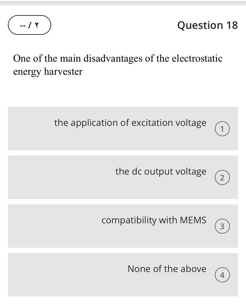 One of the main disadvantages of the electrostatic energy harvester
the application of excitation voltage
the dc output volta