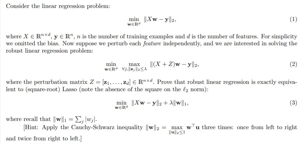 Consider the linear regression problem: min ||Xw - | Chegg.com