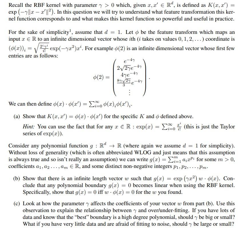 Solved Recall the RBF kernel with parameter 1 > 0 which, | Chegg.com