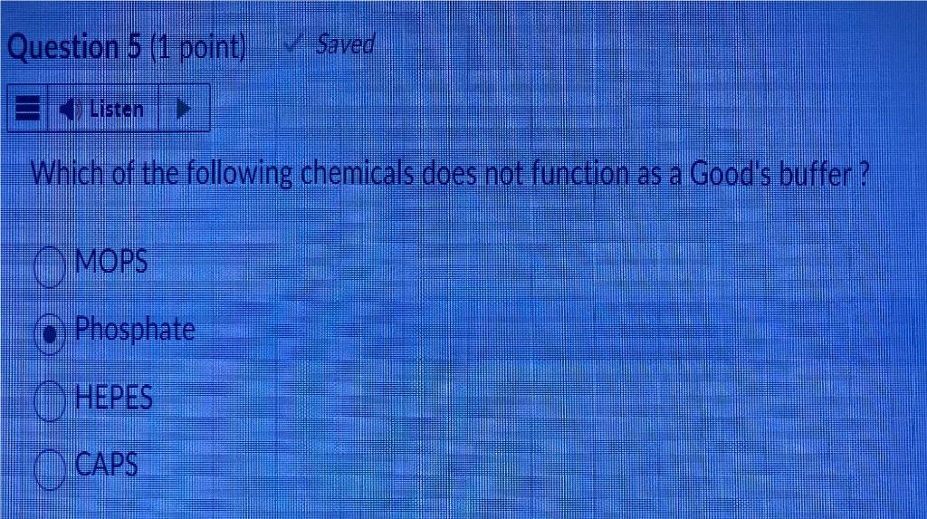 Which of the following chemicals does not function as a Goods buffer?
MOPS
Phosphate
HEPES
CAPS