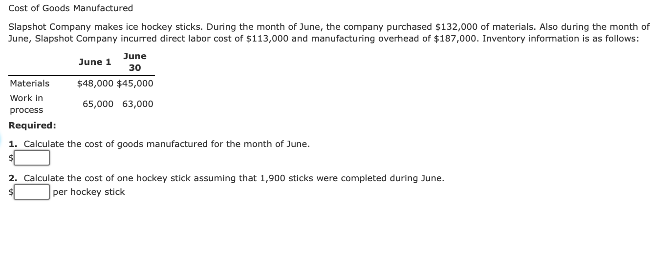 Solved Cost of Goods Manufactured Slapshot Company makes ice | Chegg.com