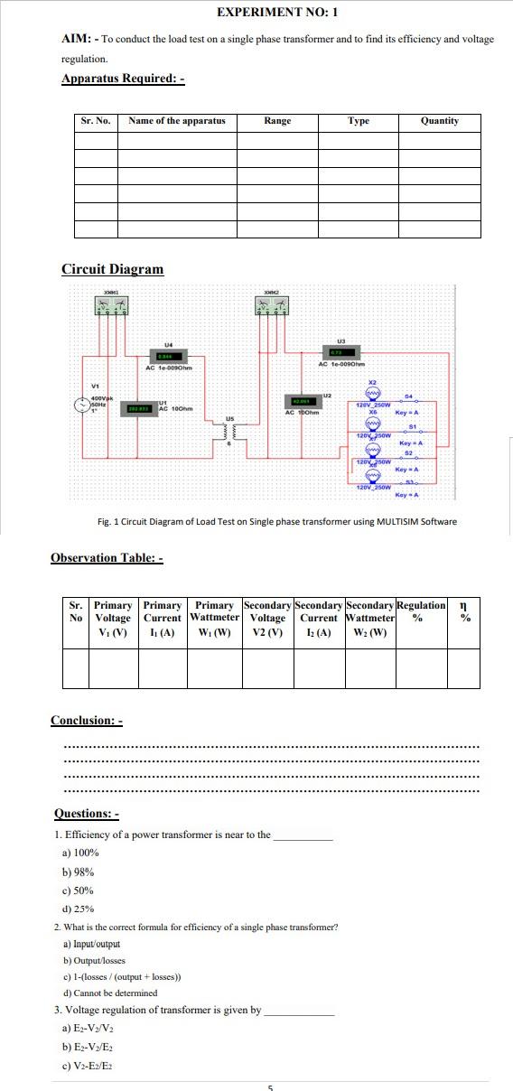 load test on single phase transformer experiment