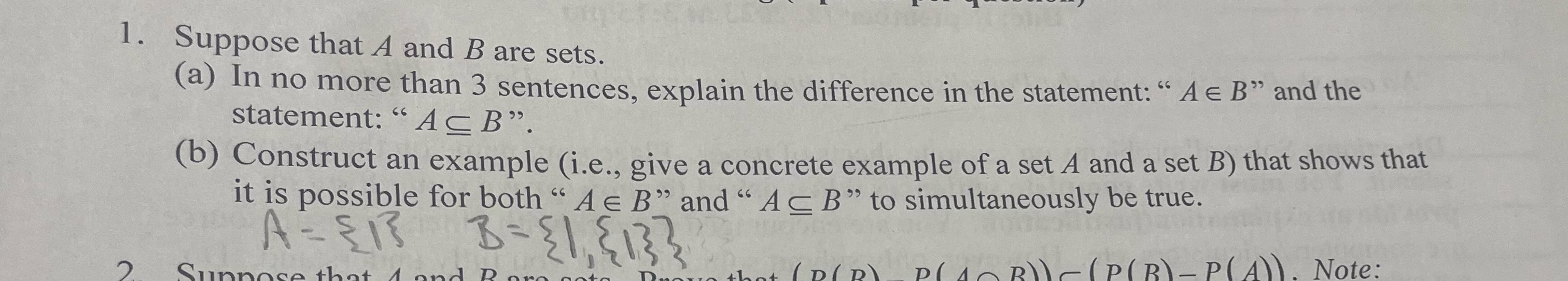 Solved 1. Suppose That A And B Are Sets. (a) In No More Than | Chegg.com