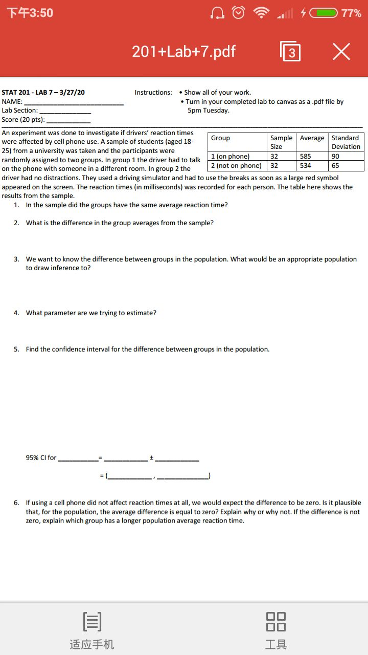 Solved T43:50 A 4077% 201+Lab+7.pdf 3 X STAT 201 - LAB | Chegg.com