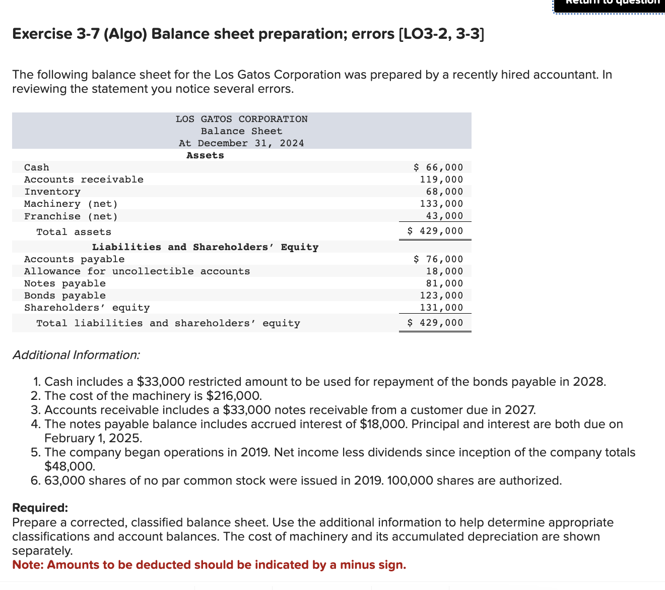 Solved Exercise 3-7 (Algo) Balance sheet preparation; errors | Chegg.com