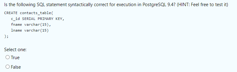 Solved Is the following SQL statement syntactically correct | Chegg.com