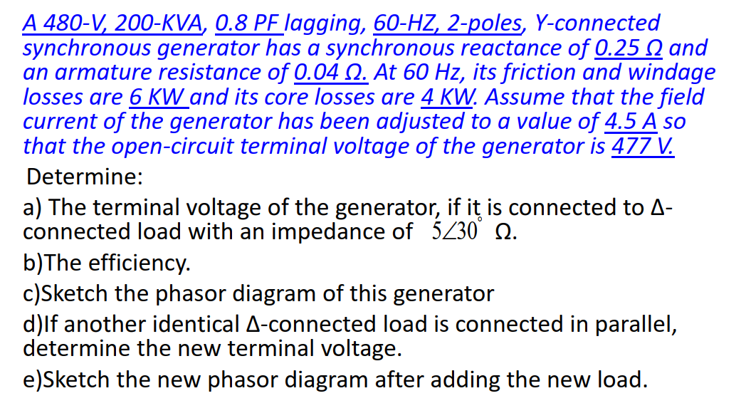 Solved A 480V, 200KVA, 0.8 PF lagging, 60HZ, 2poles,