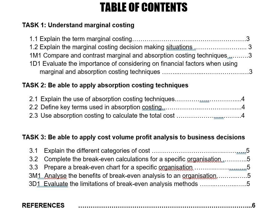 TASK 1 Understand marginal costing 1.1 Explain the