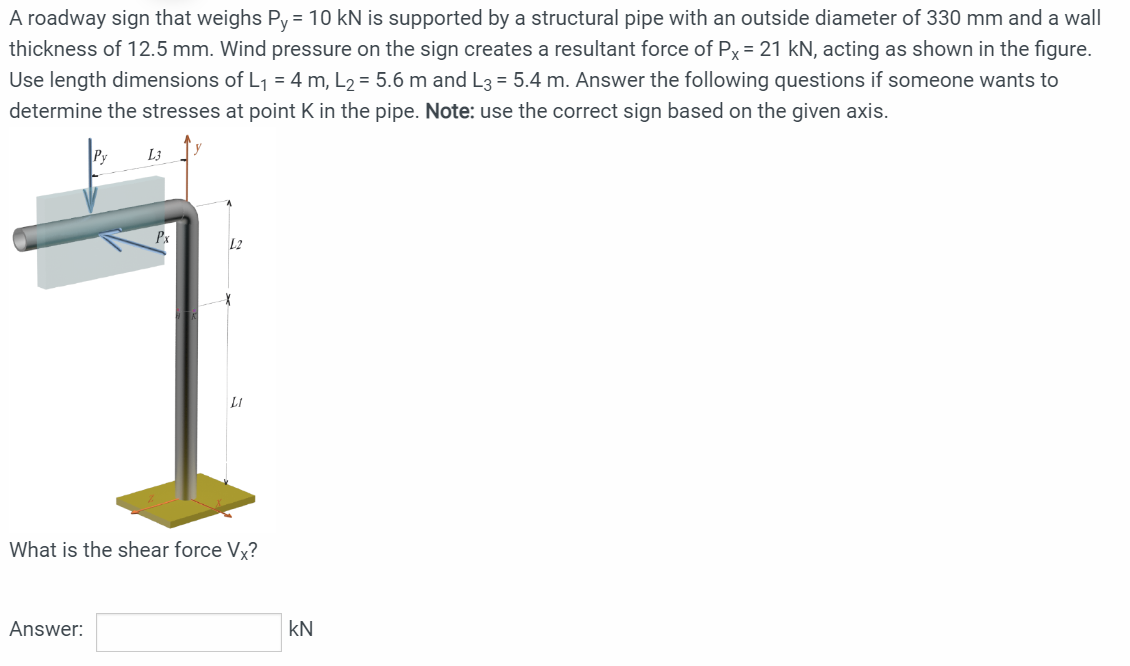 Solved A roadway sign that weighs Py=10kN is supported by a | Chegg.com