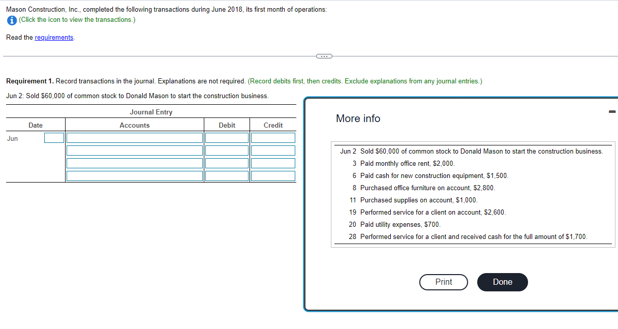 Solved Mason Construction, Inc., completed the following