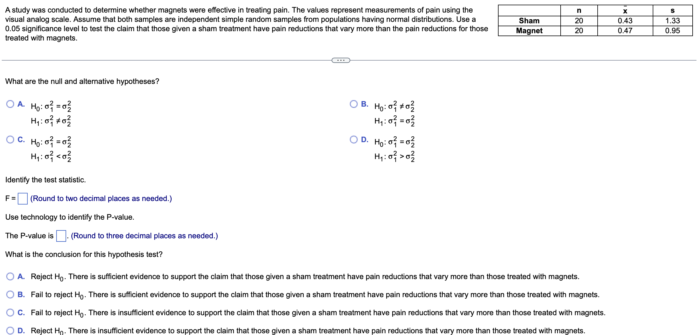 Solved A study was conducted to determine whether magnets | Chegg.com