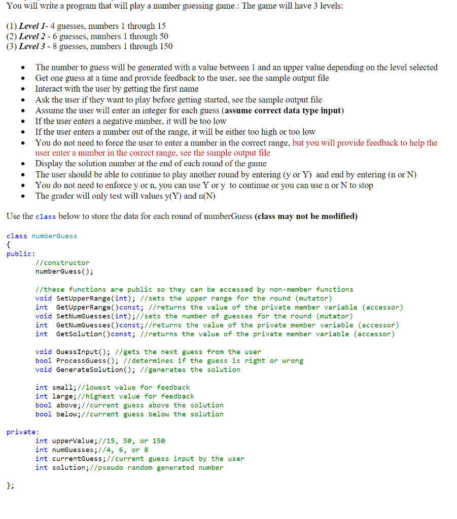 Solved You will write a program that will play a number | Chegg.com
