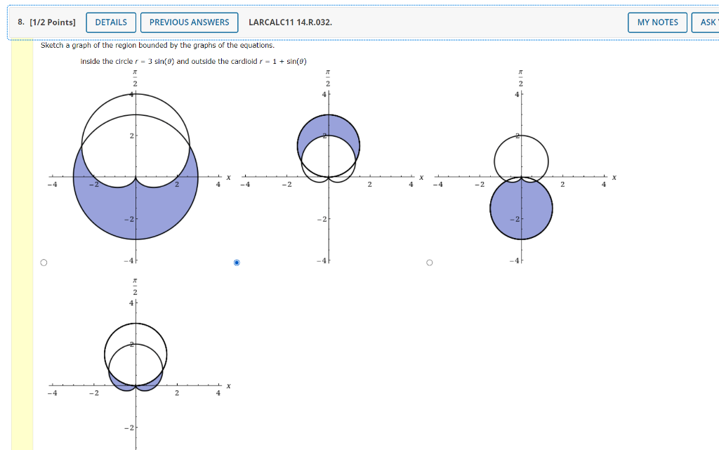 Sketch a graph of the region bounded by the graphs of the equations.
inside the circle \( r-3 \sin (\theta) \) and outside th