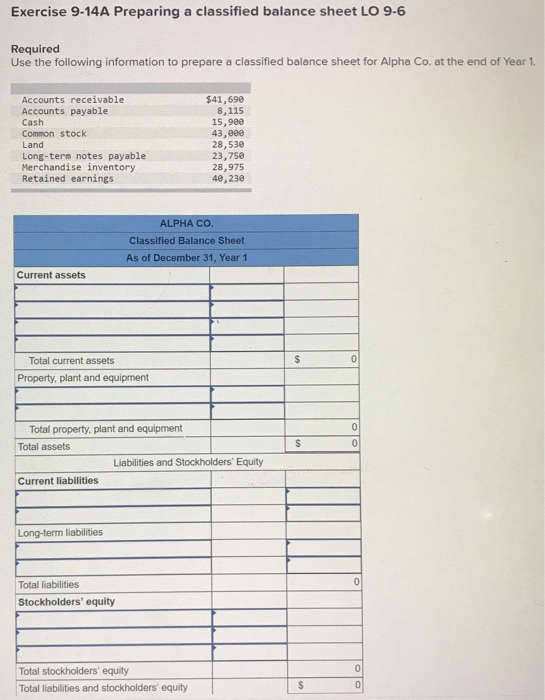 Solved Exercise 9-14A Preparing a classified balance sheet | Chegg.com