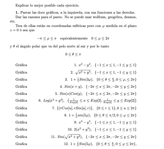 Explicar lo mejor posible cada ejercicio. 1. Parear las doce gráficos, a la izquierda, con sus funciones a las derecha. Dar l