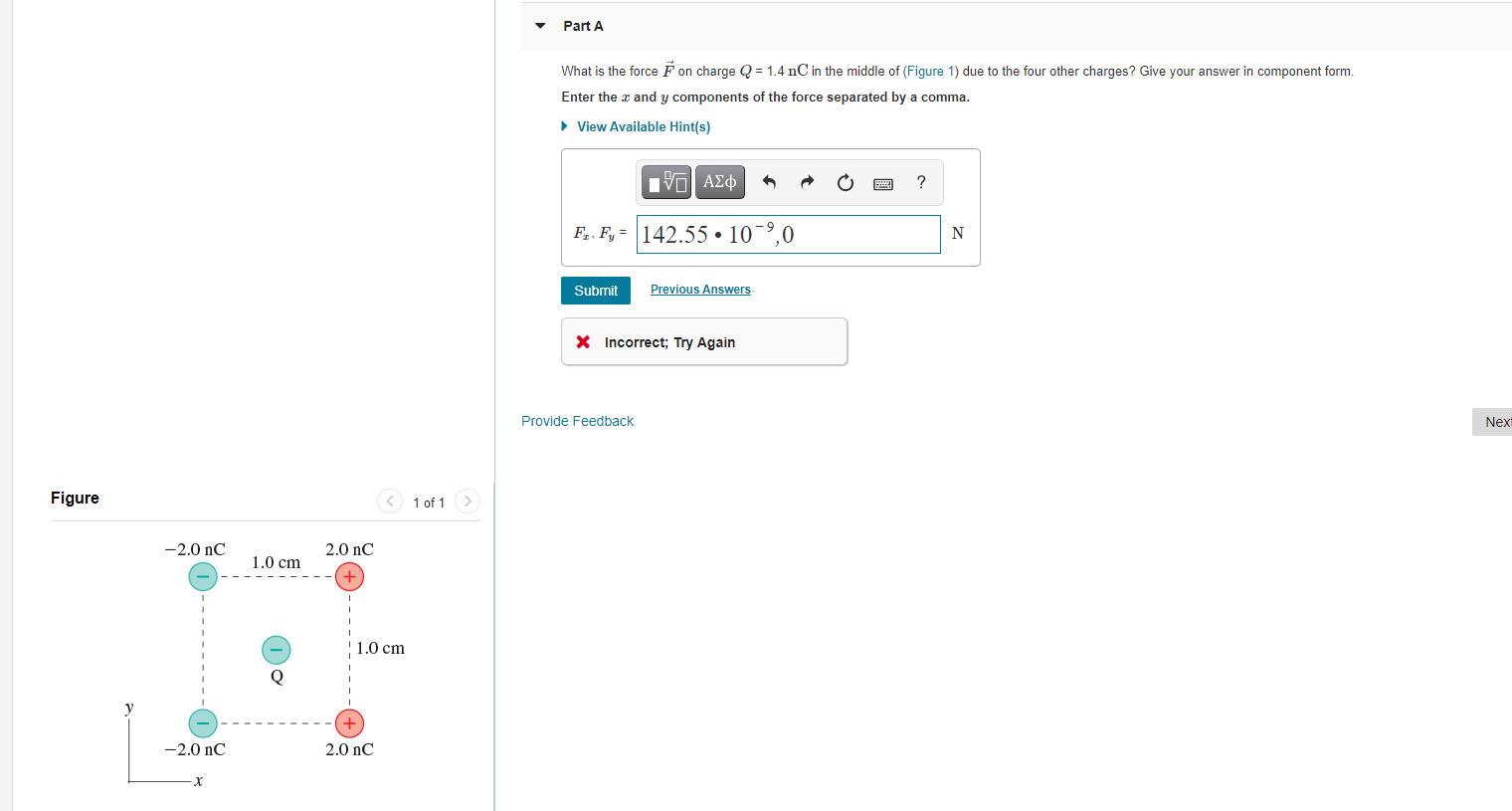 Solved Part A What is the force F on charge Q = 1.4 nC in | Chegg.com