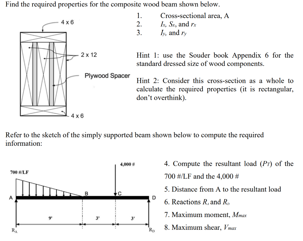 Find the required properties for the composite wood beam shown below.
1. Cross-sectional area, A
2. \( \quad I x, S x \), and