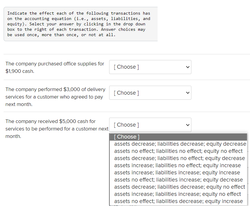 Indicate the effect each of the following transactions has on the accounting equation (i.e., assets, liabilities, and equity)