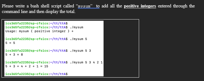 Solved Please write a bash shell script called "mysum" to | Chegg.com