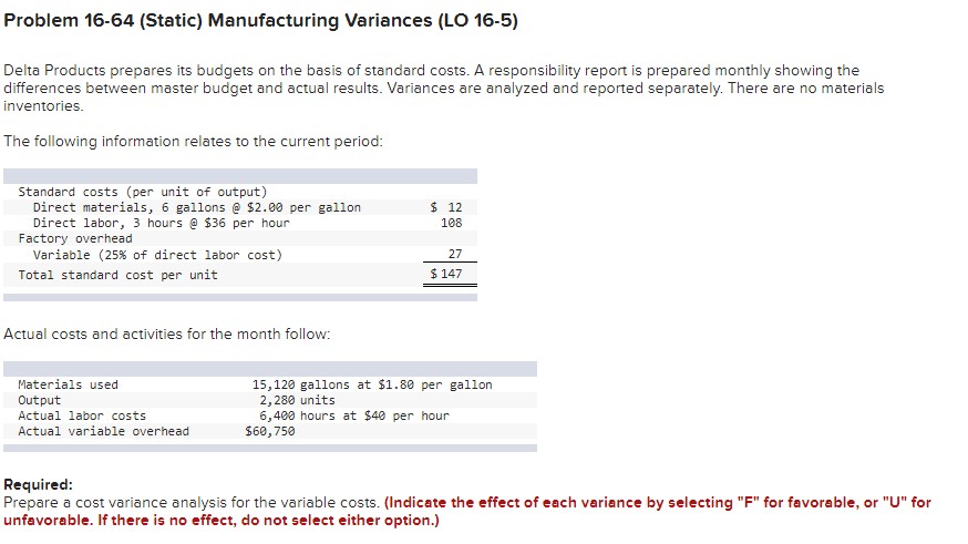 Solved Problem 16-64 (Static) Manufacturing Variances (LO | Chegg.com